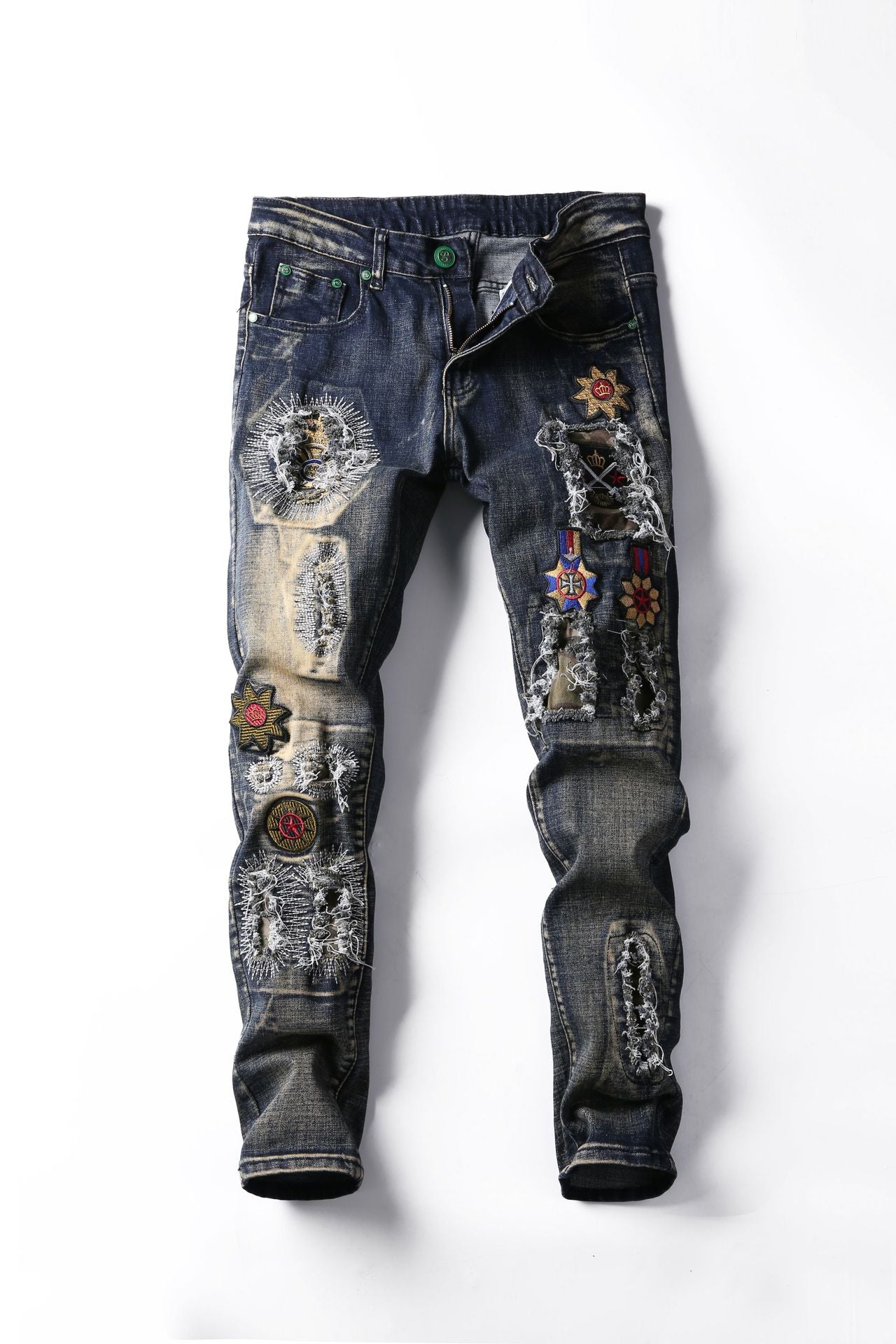 Embroidered Royal Ripped Jeans