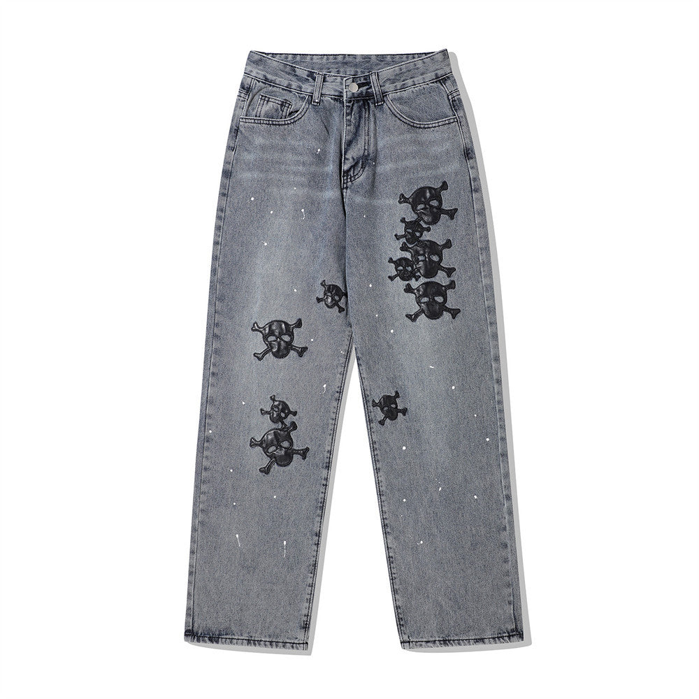 Skull Embroidered Ink SpatterJeans