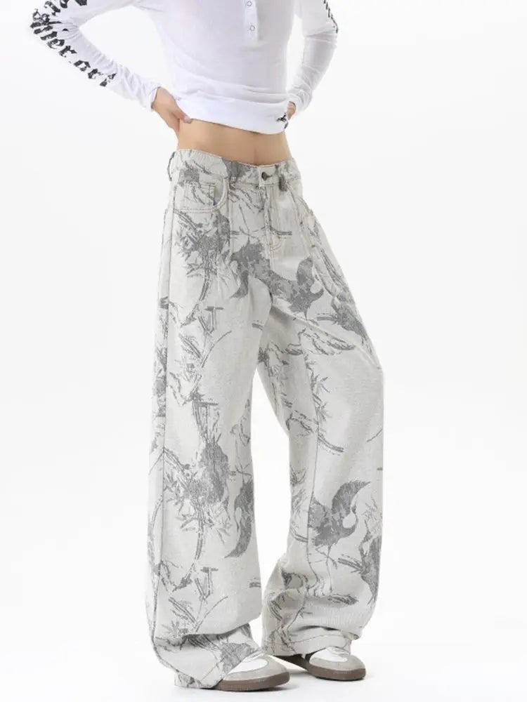 Baggy Bird Print Jeans