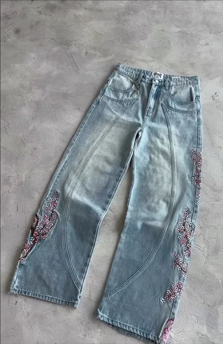 Vintage Cherry Blossom Black Knight Embroidered Jeans