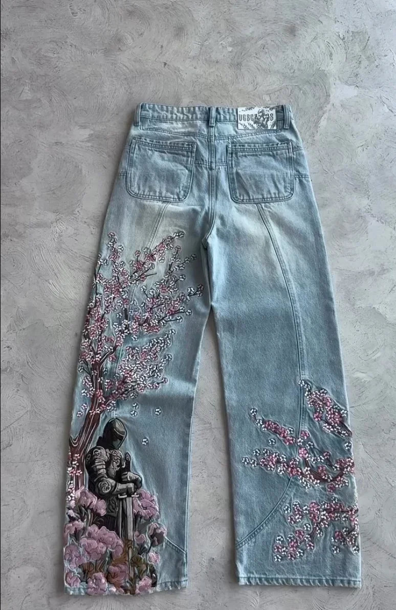 Vintage Cherry Blossom Black Knight Embroidered Jeans Y2k