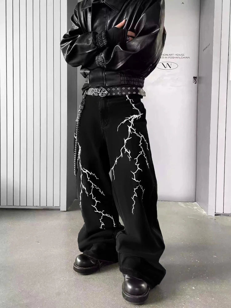Y2K Jet Black Lightning Embroidered Jeans