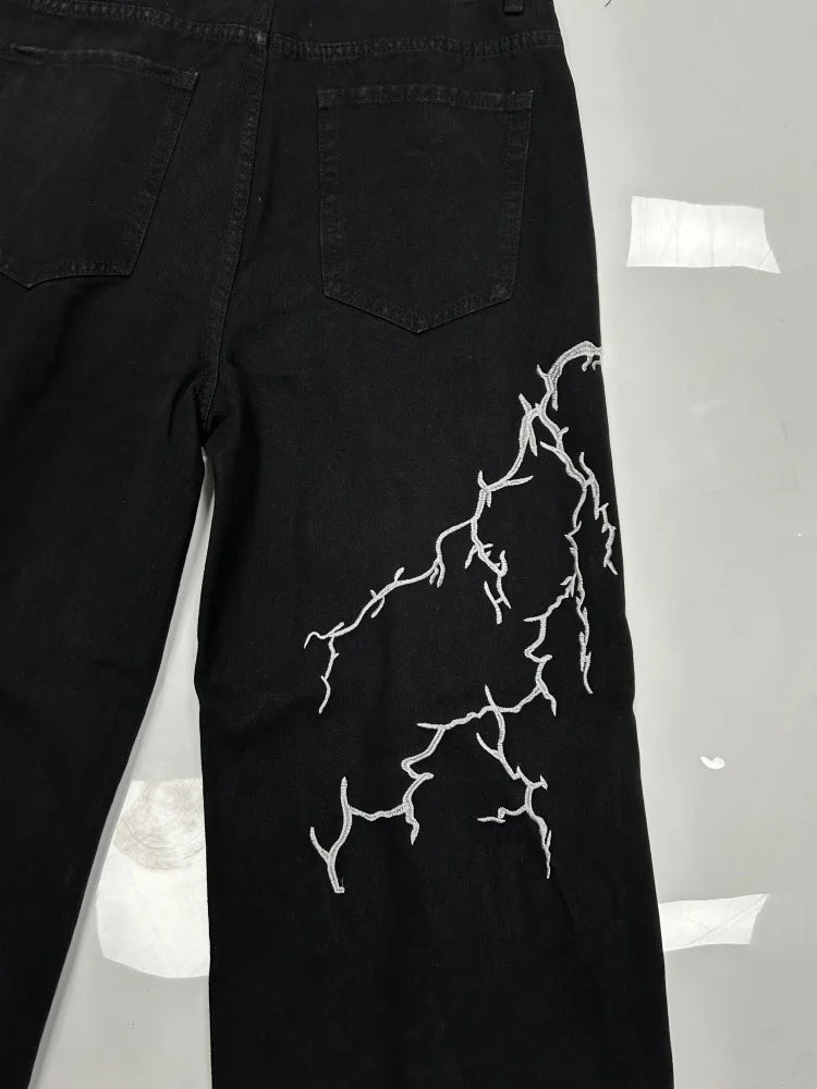 Y2K Jet Black Lightning Embroidered Jeans