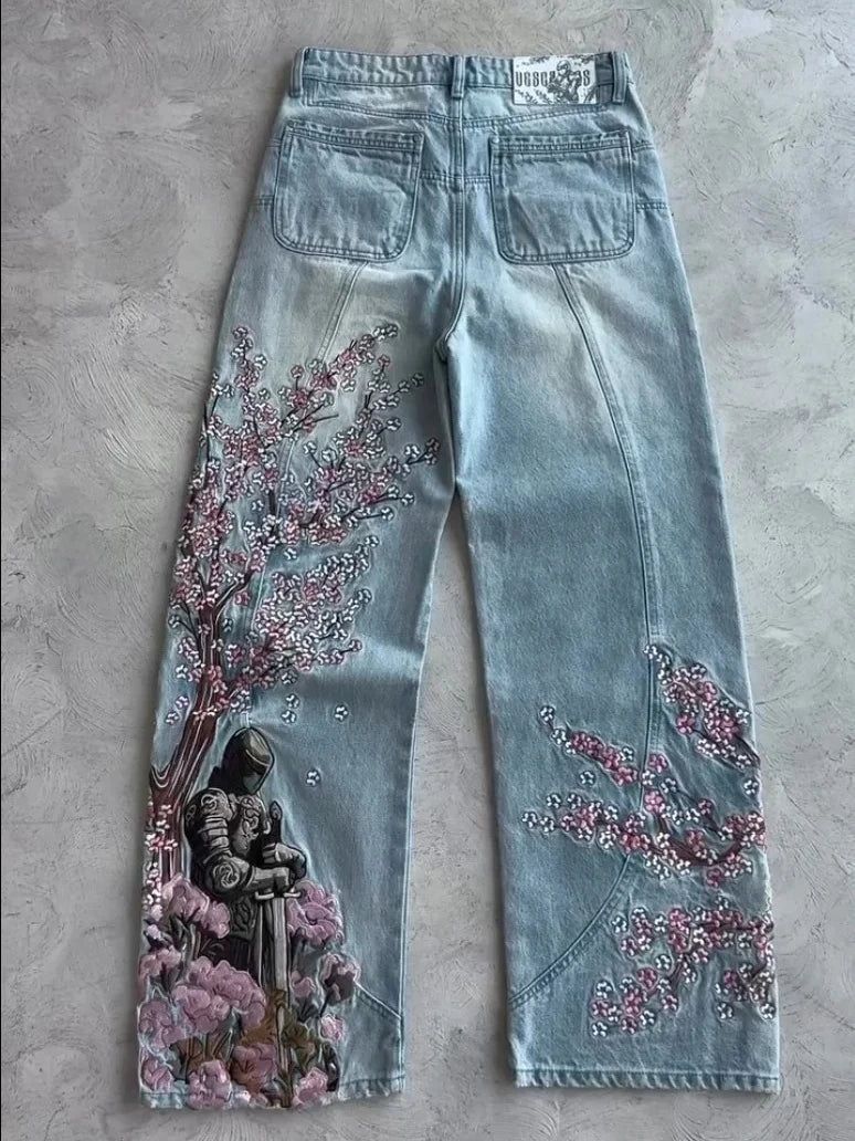 Vintage Cherry Blossom Black Knight Embroidered Jeans