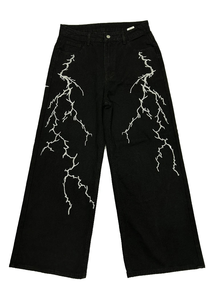 Y2K Jet Black Lightning Embroidered Jeans
