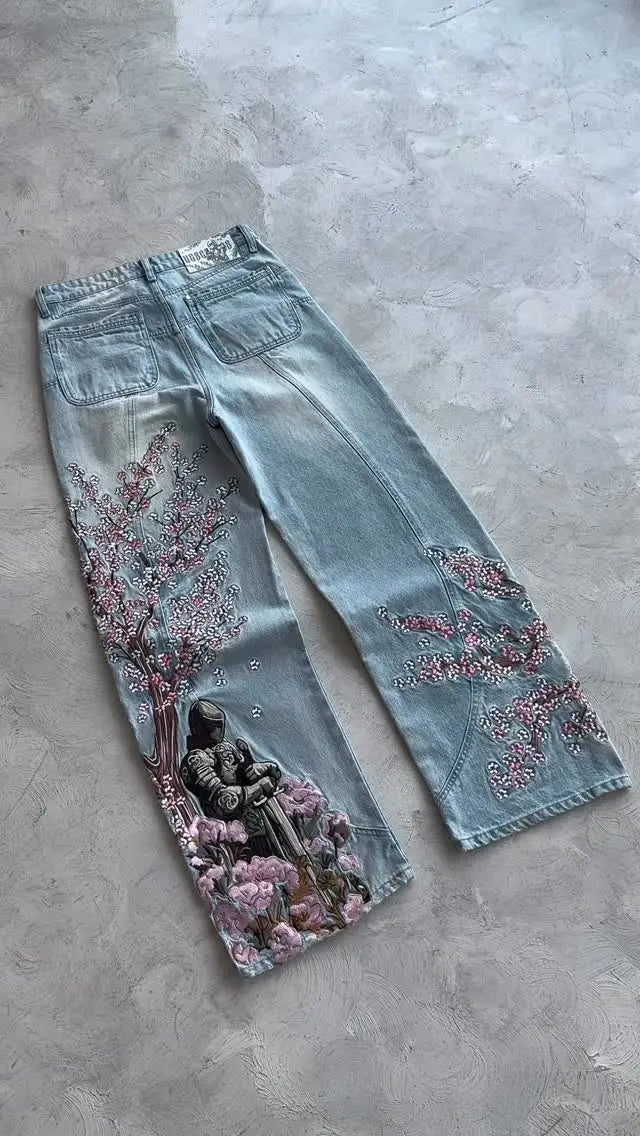 Vintage Cherry Blossom Black Knight Embroidered Jeans Y2k