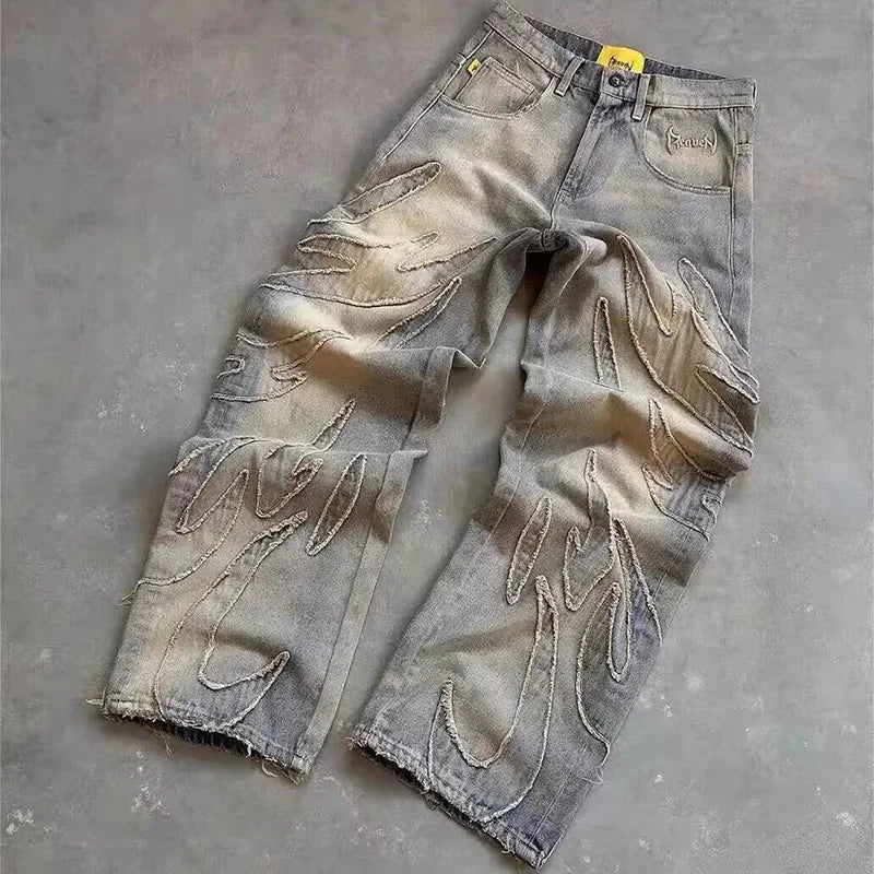 Y2K Patchwork Flame Jeans Vintage Wash