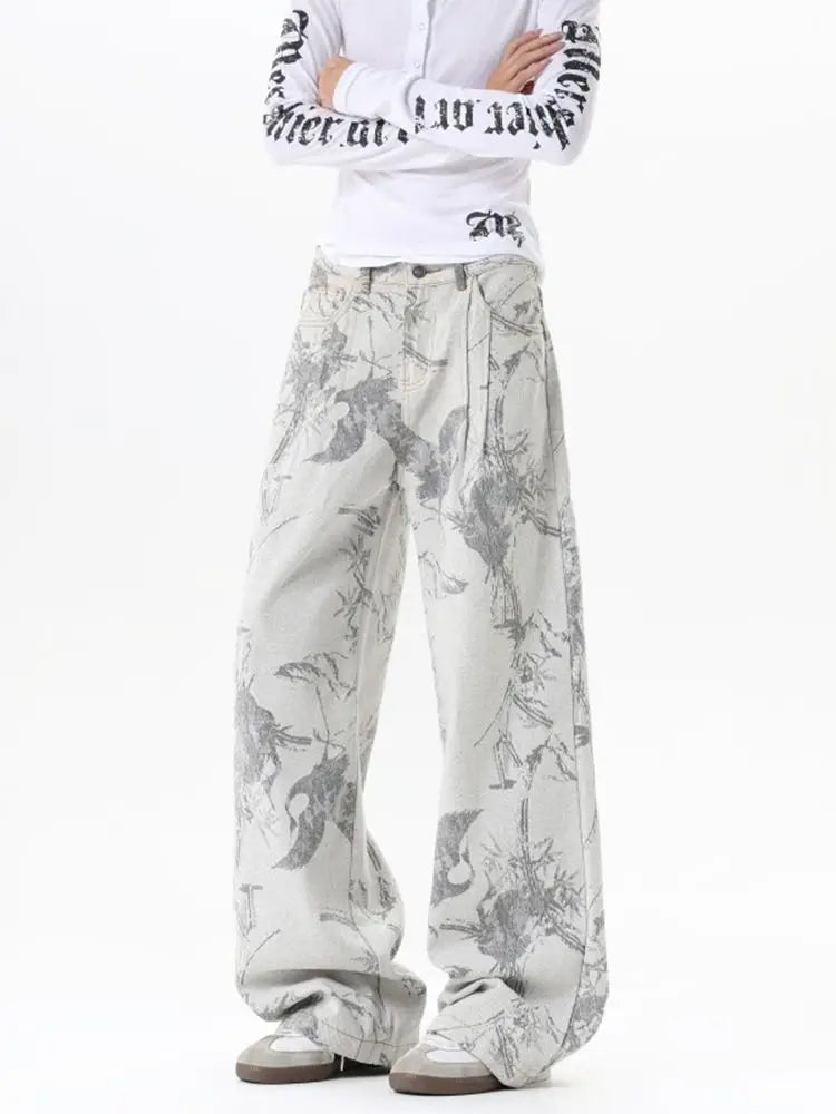 Baggy Bird Print Jeans
