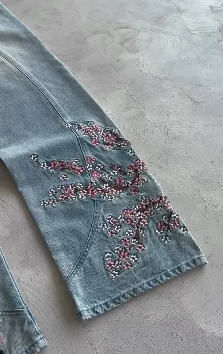 Vintage Cherry Blossom Black Knight Embroidered Jeans Y2k