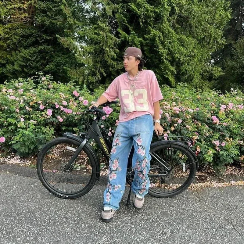 Y2K Cherry Blossom Embroidered Baggy Jeans