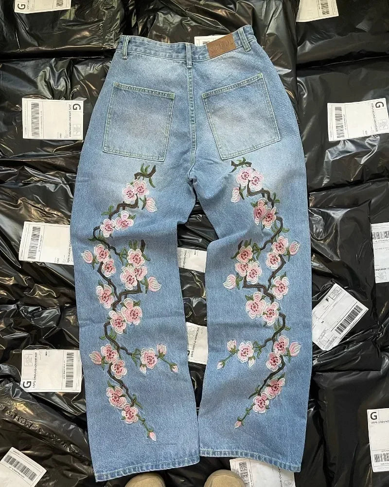 Y2K Cherry Blossom Embroidered Baggy Jeans