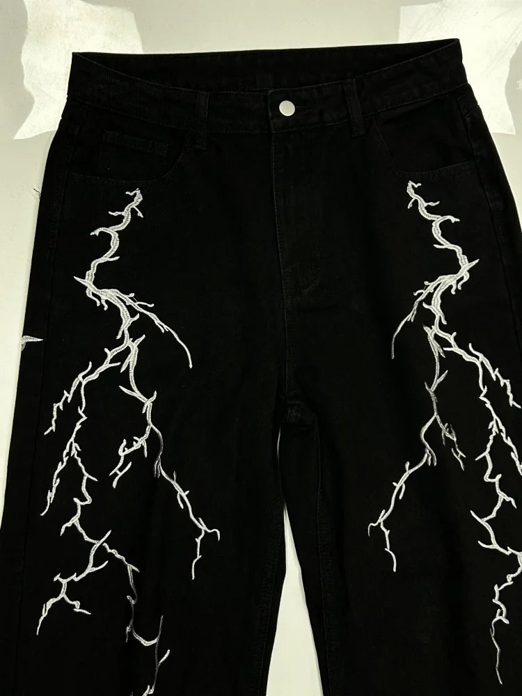 Y2K Jet Black Lightning Embroidered Jeans