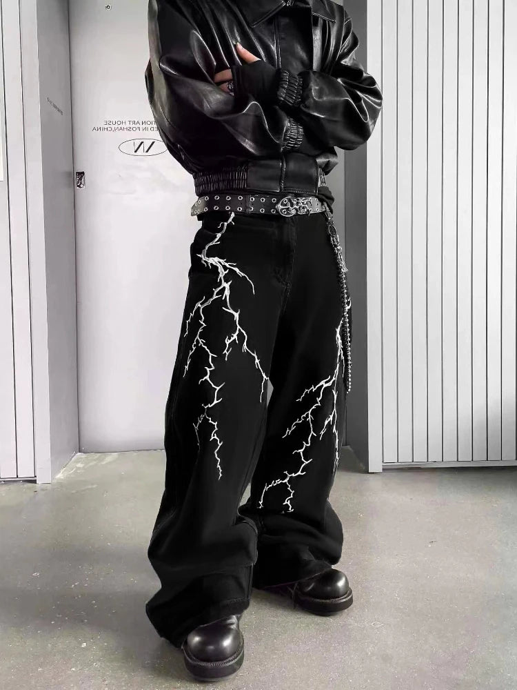 Y2K Jet Black Lightning Embroidered Jeans