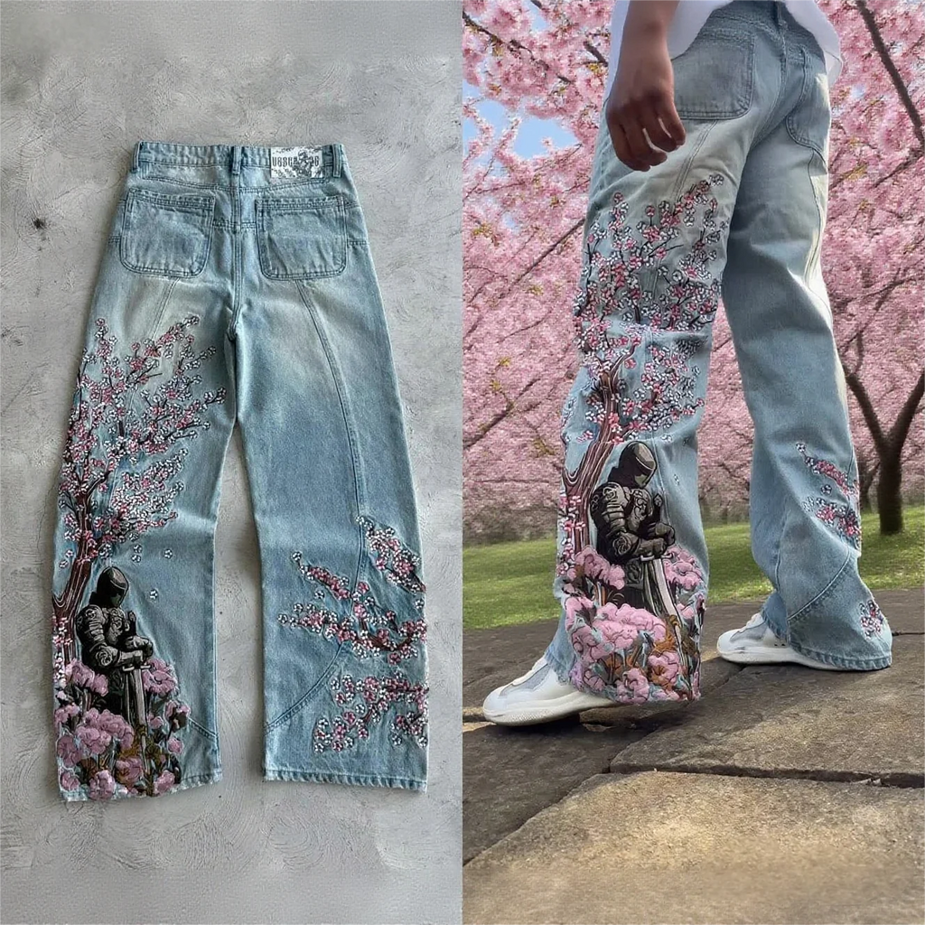 Vintage Cherry Blossom Black Knight Embroidered Jeans Y2k