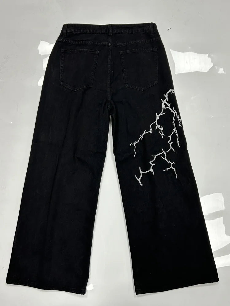 Y2K Jet Black Lightning Embroidered Jeans
