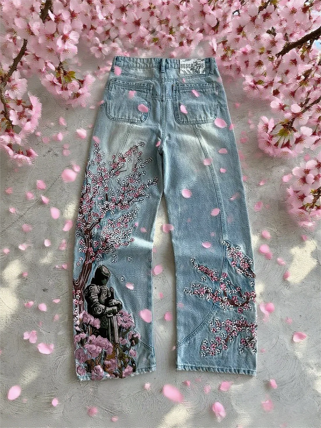 Vintage Cherry Blossom Black Knight Embroidered Jeans Y2k