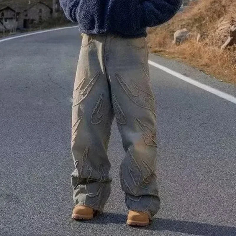 Y2K Patchwork Flame Jeans Vintage Wash