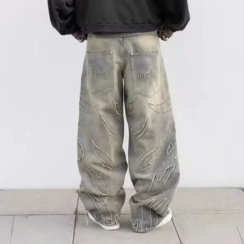 Y2K Patchwork Flame Jeans Vintage Wash