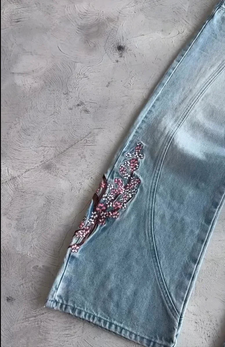 Vintage Cherry Blossom Black Knight Embroidered Jeans Y2k