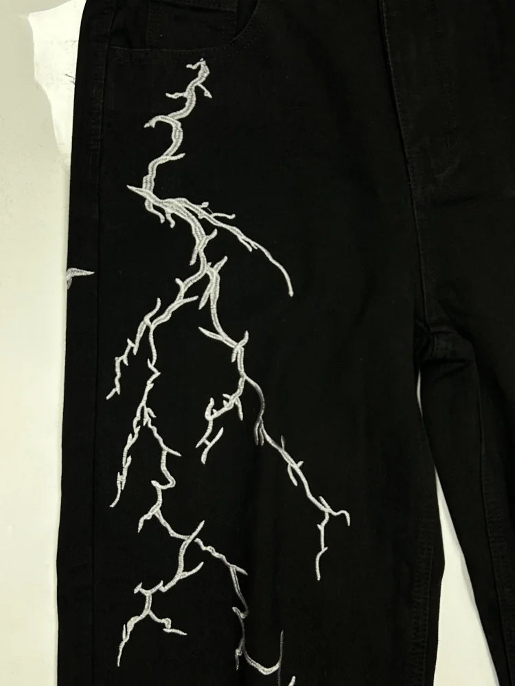 Y2K Jet Black Lightning Embroidered Jeans