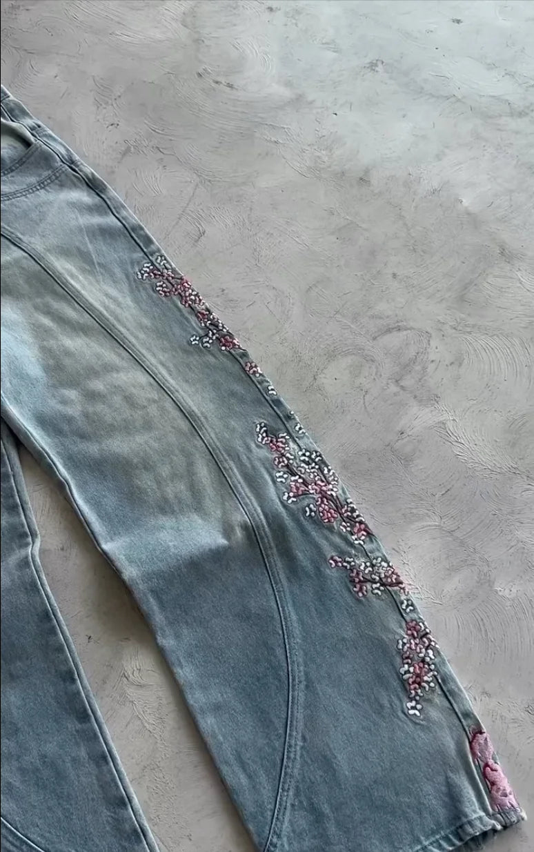 Vintage Cherry Blossom Black Knight Embroidered Jeans Y2k