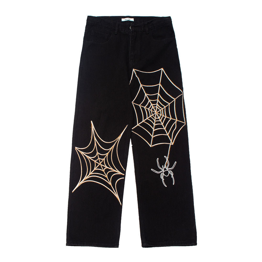 Spider Web Embroidery Jeans Men